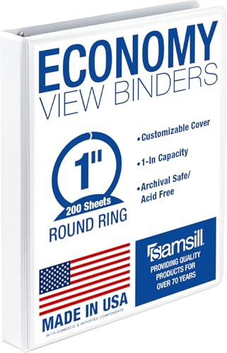 Samsill 1 Inch 3 Ring Binder, Economy Round Ring, Clear View Cover, 200 Sheet Capacity - for School, Home, Office - Pearl White