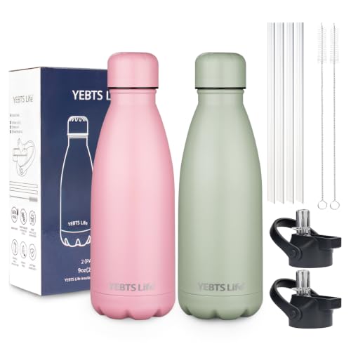 Insulated Water Bottle,9oz Stainless Steel Water Bottles with straw lid,Metal Sports Water Bottles for Boys,Girls,Double Wall Vacuum BPA-Free Flask for School, Sports & Travel (Matcha & Light Pink) - color: Matcha & Light Pink, size: 9 Ounces