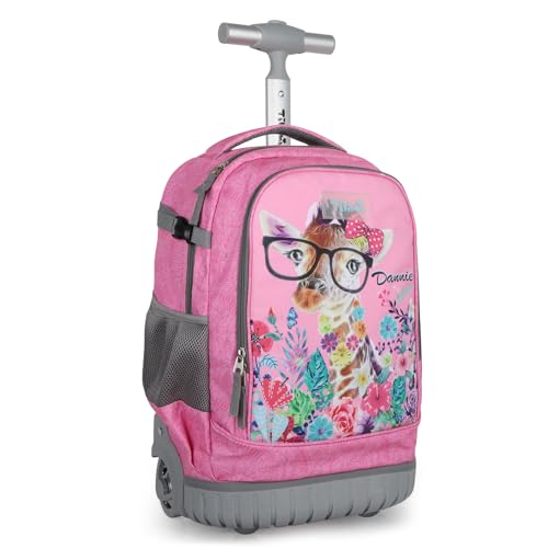 Tilami Rolling Backpack for Kids 18 Inch Wheeled Bookbag for Boys & Girls for School & Travel,Giraffe pink - color: Giraffe Pink