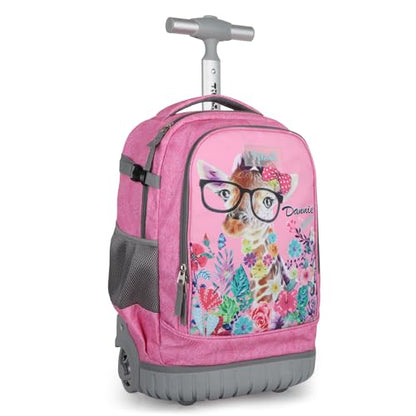 Tilami Rolling Backpack for Kids 18 Inch Wheeled Bookbag for Boys & Girls for School & Travel,Giraffe pink - color: Giraffe Pink