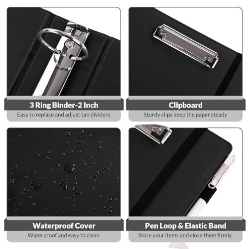 SKYDUE 3 Ring Binder with Clipboard, 2 Inch PU Heavy Duty Binder with Notepad & 5 Dividers with 5 Pockets, Labels, Clipboard Folder Great for School Office(Fit Letter Sized Paper) - color: Black, size: Letter Size - 2 Inch
