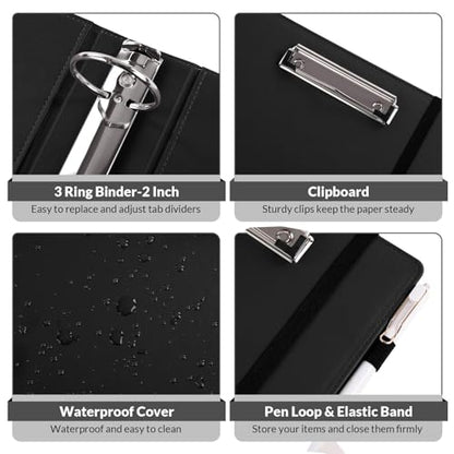 SKYDUE 3 Ring Binder with Clipboard, 2 Inch PU Heavy Duty Binder with Notepad & 5 Dividers with 5 Pockets, Labels, Clipboard Folder Great for School Office(Fit Letter Sized Paper) - color: Black, size: Letter Size - 2 Inch