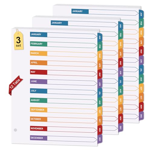 3 Sets 12 Tab Monthly Dividers for 3 Ring Binder Notebook, 8.5 x 11 Inch | White Paper and Multicolor Preprinted Month Tabs for Organizing Documents at Office, School, Home