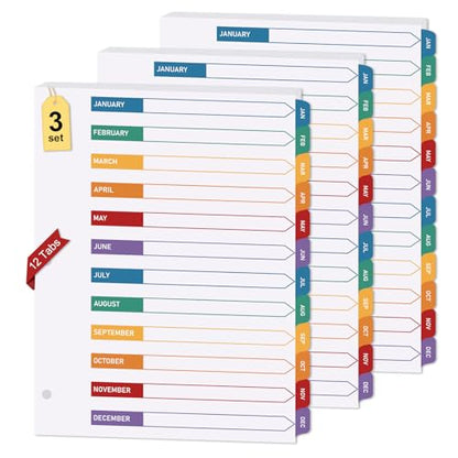 3 Sets 12 Tab Monthly Dividers for 3 Ring Binder Notebook, 8.5 x 11 Inch | White Paper and Multicolor Preprinted Month Tabs for Organizing Documents at Office, School, Home