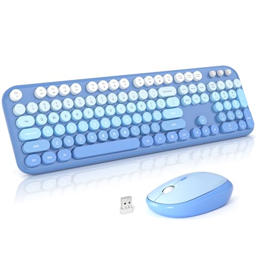Atelus Wireless Keyboard Mouse Combo, Typewriter Full Size Keyboard with Number Pad and 2 in 1 USB Connected Mouse for PC Computer Laptop Desktop Windows 7 8 10 11 (Blue Colorful) - color: Blue Gradient
