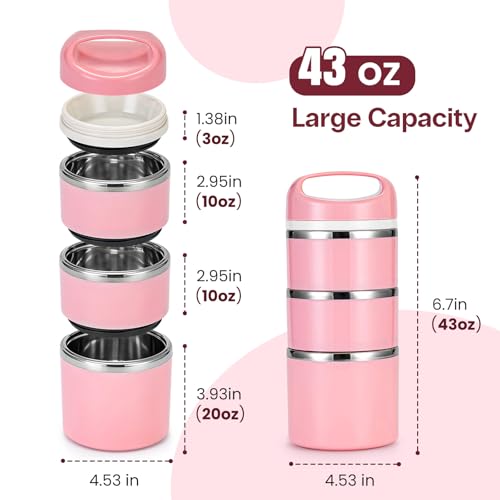 Lille Home Stackable Stainless Steel Thermal Compartment Lunch/Snack Box, 3-Tier Insulated Bento/Food Container with Lunch Bag and Three Extra Seals, 43OZ (Pink) - color: Pink