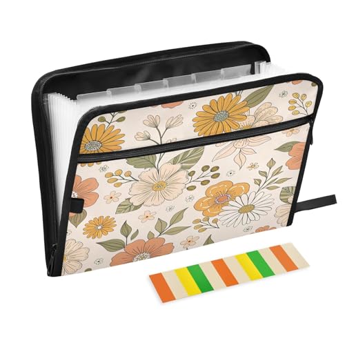 Retro Boho Flower 13 Pockets Expanding File Folder with Colorful Labels Accordion File Organizer A4 Letter Size - color: Multicoloured