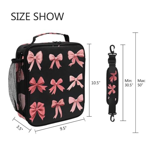 ALAZA Pink Red Bow Black Lunch Box Insulated Lunch Bag Kids Cooler Tote Bag Freezable Shoulder Strap Lunchbox for Girls School Picnic - color: Multi1057