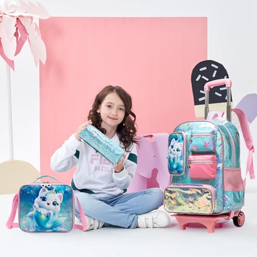 Meetbelify Cute Cat Rolling Backpack for Girls Backpack with Wheels for Elementary Student Kids School Bag with Lunch Box Pencil Case for Girls Ages 6-8 Years Old - color: Cat Mermaid