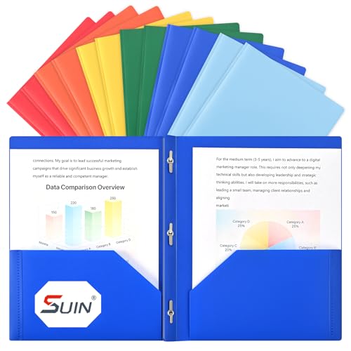 SUIN Plastic Project-Folder with 2 Pockets and 3-Prong Fasteners, for US Letter Size, Bulk Pack Color File-Folder for US Letter Size Papers, Ideal for School & Office, (Assorted Bright Colors) - color: Assorted Bright Colors