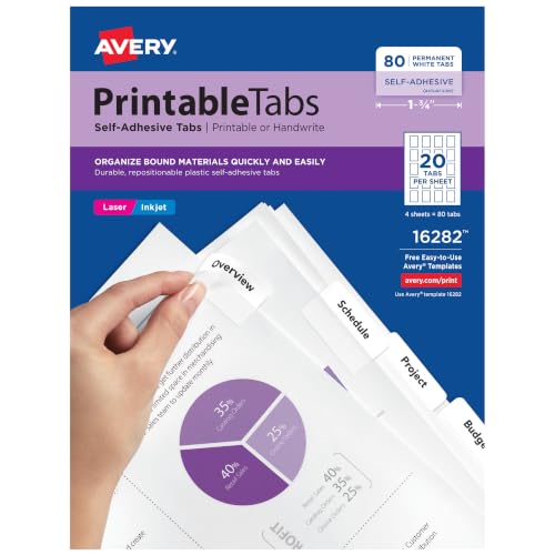 Avery Printable Self-Adhesive Plastic Tabs, 1-3/4", Repositionable Adhesive, White, Pack of 80 (16282)