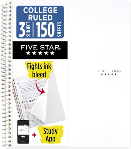 Five Star Spiral Notebook + Study App, 3 Subject, College Ruled Paper, 8-1/2" x 11", 150 Sheets, Fights Ink Bleed, Water Resistant Cover, White (72464) (Pack of 6) - color: White, size: 1 Count (Pack of 6)