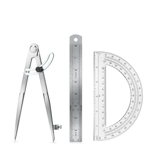 Compass Geometry Tool, Drawing Compass, Professional 8 Inch Large Compass with Wing for Woodworking, 6 Inch Protractor, 8 Inch Ruler for Carpenter, Drafting - size: 8 inches