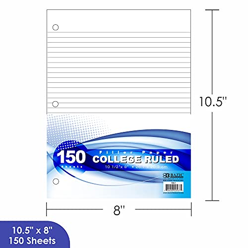 BAZIC Products College-Ruled Filler Paper, 150 Sheets, 24-Case | 10.5 x 8 in, 3-hole punched, fit 3-ring binders, notes and homework - color: College Ruled (150 Sheets), size: 24-Pack