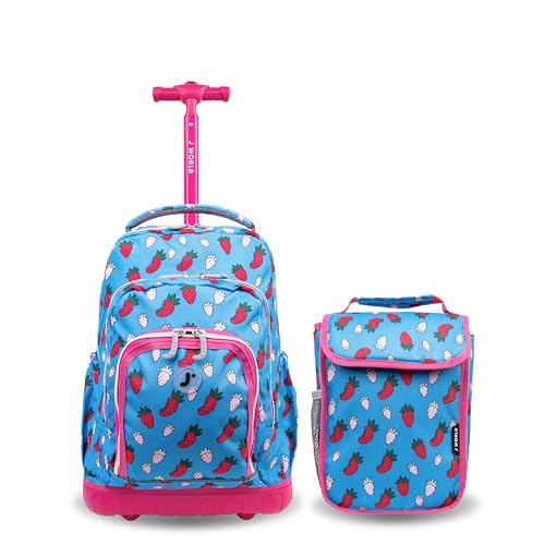 J World Lollipop Kids Rolling Backpack & Lunch Bag Set for Elementary School. Carry-On Suitcase with Wheels, Strawberry - color: Strawberry