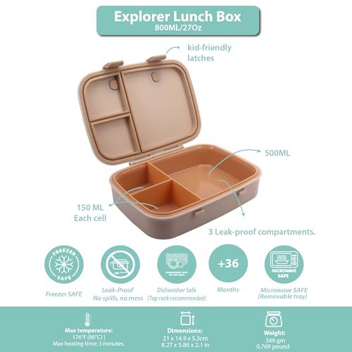 Kids Bento Explorer Lunch Box, 3 No-Mix Compartments, Microwave & Dishwasher Safe, Lightweight with Removable Tray, for Daycare, Preschool, School (Dark Brown Toffee) - color: Dark Brown Toffee