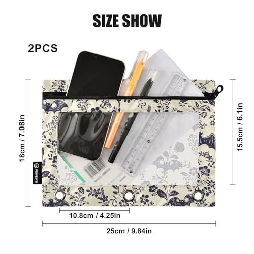 Goth Bats Pencil Pouches Bags for 3 Ring Binder, 2 Pack Zipper Stationery Bag with Clear Window 3 Hole Pencil Case for School Office Home - color: Goth Bats