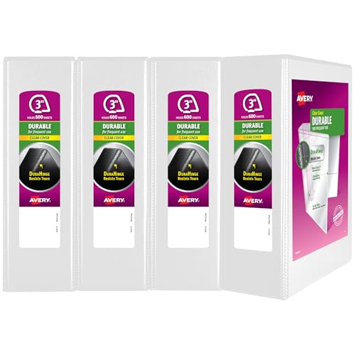 Avery 3 Ring Binder 3 Inch Slant Rings Durable View, White Binder for Home, Office, or School Use, 4 Pack (17030) - size: 3"