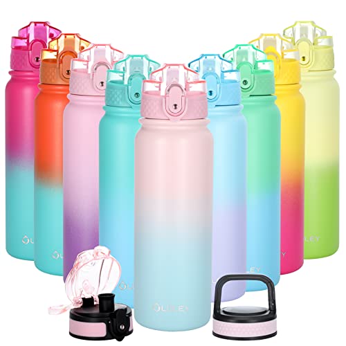 Oldley Insulated Water Bottle with Straw 20oz Stainless Steel Water Bottles with 3 lids Double-Wall Vacuum Thermal for Kids Adults School Sports, Pink-Blue - color: Pink-Blue, size: 20 Ounces