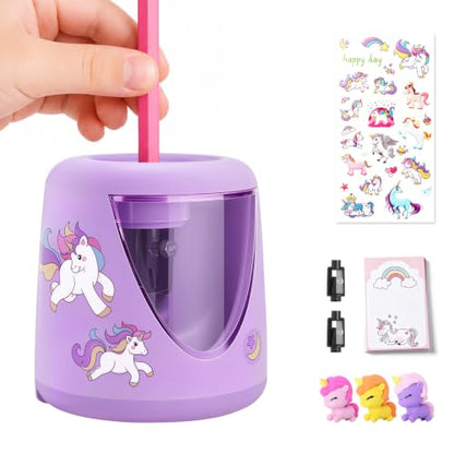 homicozy Electric Pencil Sharpeners for Kids, Cute Small Pencil Sharpener for Home Classroom, Battery Pencil Sharpener Electric Plug in, with Erasers DIY Stickers Note Pad (Purple Battery) - color: Purple Battery