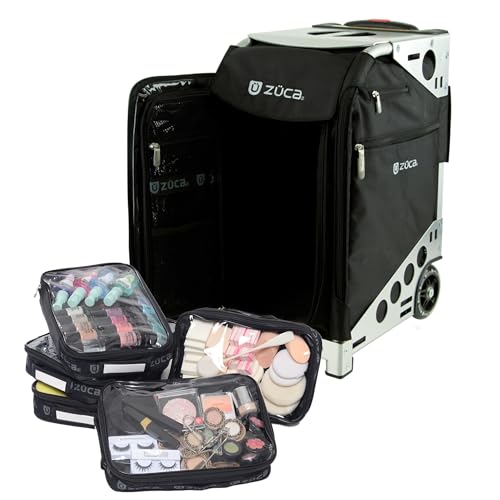 ZUCA Travel Cases for Artists & Professionals - Makeup Case with 4 Vinyl Utility Pouches, Travel Cover, 41" Telescoping Handle, Rolling Wheels & Sturdy Aluminum Frame for Makeup Artists and Creatives - color: Black w/ Silver Frame, style: Pro
