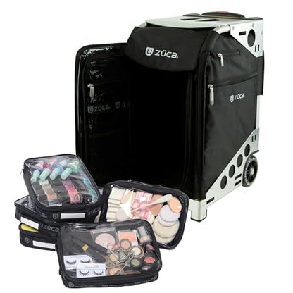 ZUCA Travel Cases for Artists & Professionals - Makeup Case with 4 Vinyl Utility Pouches, Travel Cover, 41" Telescoping Handle, Rolling Wheels & Sturdy Aluminum Frame for Makeup Artists and Creatives - color: Black w/ Silver Frame, style: Pro