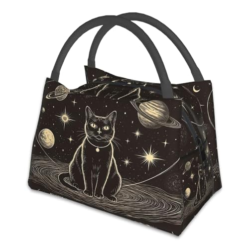 Insulated Lunch Bag,Black Cat Large Capacity Lunch Box for Women,Cute Astrology Planets Portable Tote Bags Thermal Insulation Cooler for Students Adults School Work - color: Black Cat