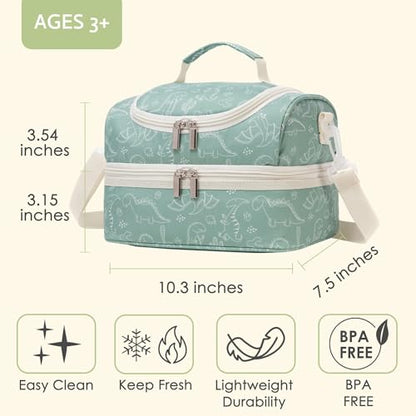 Insulated Kids Dual Compartment Lunch Bags Tote for Girls Boys Toddler Lunch Boxes Pre-School Toddler Kindergarten Picnic Camp Food Cooler Thermal with Strap - color: Green Dinos