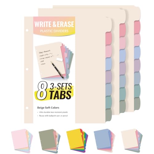 Sooez 8 Tabs Long-Lasting Plastic Write & Erase Large Tabs Dividers for 3 Ring Binder, Aesthetic Cute Pastels Binder Dividers for Student, Teacher, Office, Home Organizers, 3 Sets, Beige Color - color: Beige Color, size: 3 Sets