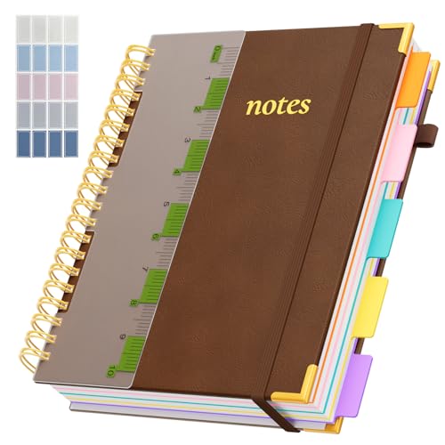 XYark A4 Hardcover Spiral Notebook, 8.5"x11" College Ruled Notebooks with Removable Dividers Tabs & Ruler, 5 Subject Notebook 300 Pages, Large Lined Journal for Women Men School Work Office, Brown - color: Brown, size: 8.5"x11"(A4)