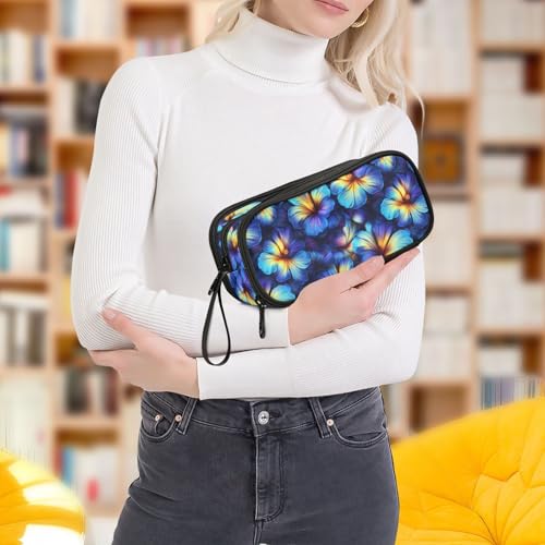 ALAZA Vibrant Blue Hibiscus Flowers Large Pencil Case, Pen Pouch Pencil Bag with 3 Compartments Pen Holder Organizer Stationery Bag - color: Blue Hibiscus