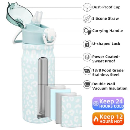 BJPKPK Insulated Water Bottle 18oz Stainless Steel Water Bottles with Straw and Carry Handle Double Wall Metal Thermal Flask,Light Blue Leopard - color: A-Light Blue Leopard, size: 18 Ounces