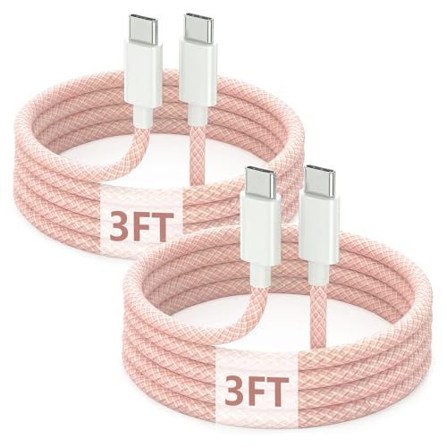 USB C to C Charger Cable, 60W, 3FT, 2-Pack, Pink | Fast Charging, Braided Nylon, for iPhone 17/16/15, MacBook iPad, Galaxy S25/S24 - color: Pink, size: 3FT+3FT
