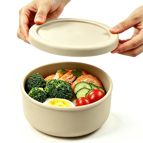 24 fl oz Adult Silicone Reusable Lunch Bento Bowl with Lid, Medium Airtight Food Storage Container for Cereal, Meal Prep & Leftovers, BPA Free, Microwave Fridge Dishwasher Safe (Beige 1 Pack) - color: Beige