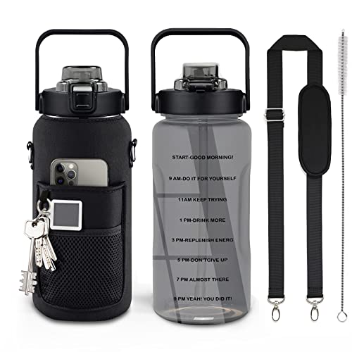 Half Gallon Water Bottle with Sleeve, 64OZ Motivational Water Bottle | Water Jug with Straw, Time Marker, BPA Free, Leakproof, Gym Water Bottle for Sport Workout - color: Black