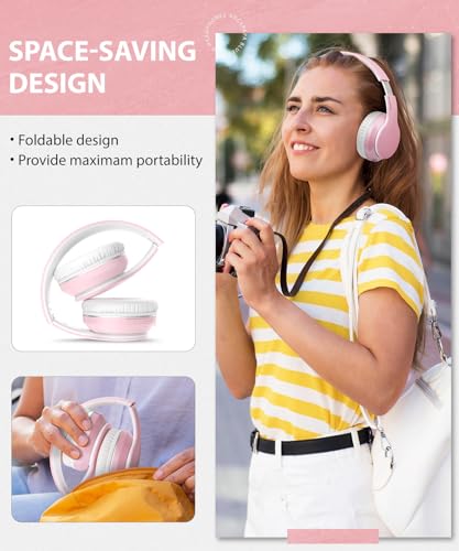rockpapa E7 Over Ear Wireless Bluetooth Headphones with Mic Without Travel Case, Foldable Wired/Wireless Headphones with Microphone for Kids Childrens Boys Girls Teen Youth Adult Pink White - color: Pink White, style: without Case