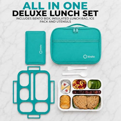 kinsho Lunch Box for Kids Boys Girls - Bento Box Set with Insulated Bag and Ice Pack, 6 Compartment Leak Proof Food Container, BPA-Free, Microwave Safe, Ideal for School & Work, Teal - color: Teal