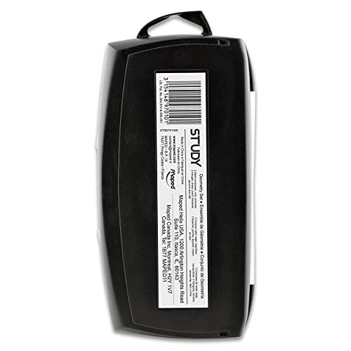 Maped 스터디 기하학 10피스 세트, 금속 스터디 컴퍼스 2개, 삼각형 2개, 15.2cm(6인치) 눈금자, 10.2cm(4인치) 각도기, 컴퍼스용 연필, 연필깎이, 지우개, 리드 리필 포함(897010) | 고급 학생 키트 - 정밀 제도 도구 - 내구성이 뛰어나고 인체 공학적 디자인 - 학교의 창의성 향상
