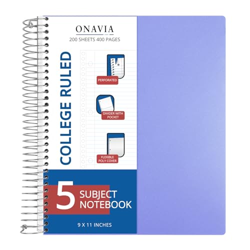 ONAVIA 5 Subject Spiral Notebook College Ruled, 400 Pages, Cornflower | 200 Sheets, 9 x 11 in, 6 Pack Waterproof Plastic Cover, Durable, School Notebooks, Classroom, Teachers - color: Cornflower