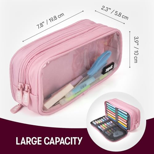 ZIPIT Half & Half Pencil Case for Girls, Aesthetic 3 Compartment Zipper Pouch for School, Stationery Bag for Teen and Adults, Pink - color: Light Pink