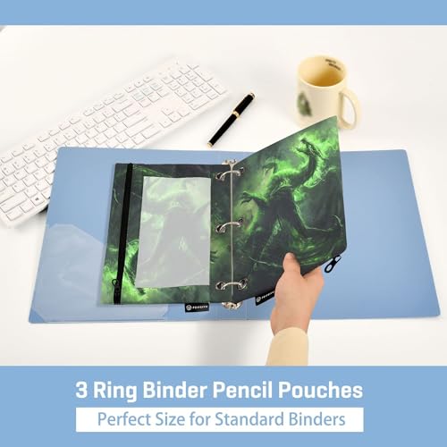 Demon Dragon Binder Pouches 3 Ring for Boys Girls School Office College Supplies Green Fire Dinosaur Pencil Pouches Case Bag with Clear Window and Zipper 2 Pack - color: Dinosaur