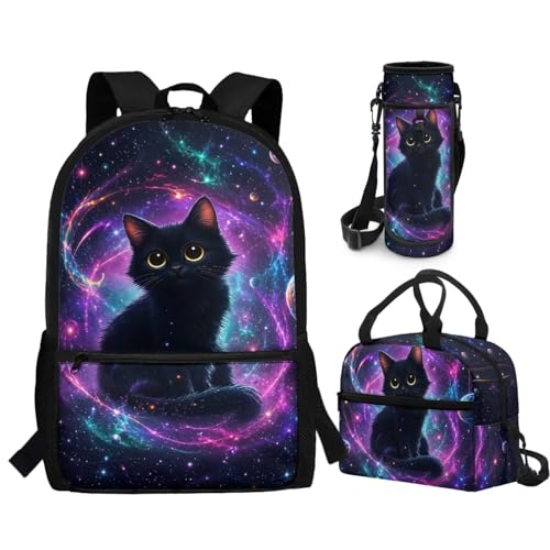 CLOHOMIN Black Cat Kids Backpack with Lunch Box for Girls 10-12/12-14 Middle School Bookbag for Kids Lunch Tote Bag Water Bottle Pouch 6th Grade Student Schoolbags Set of 3 - color: Black Cat
