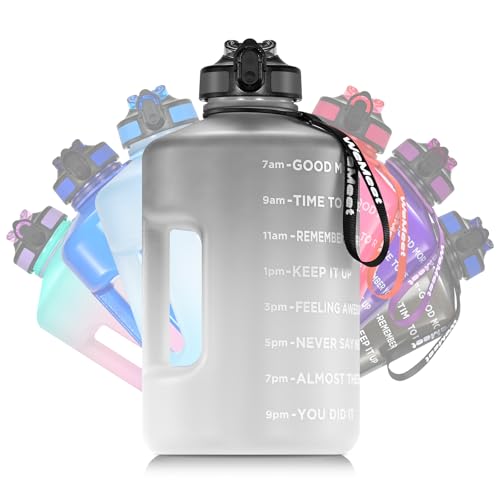 WEMEET Big Reusable Sport Water Jug with non-slip handle, 1 Gallon Water Bottle with Straw and Time Marker, for All Day Hydration, Exercise and Outdoor (Black White) - color: Black White