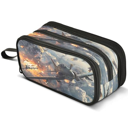 Fighter Jets in Action Large Pencil Case, Pen Pouch Pencil Bag with 3 Compartments Pen Holder Organizer Stationery Bag - color: A281