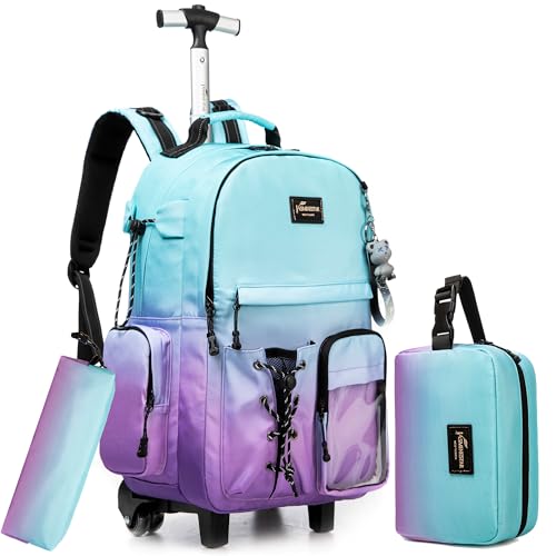 Rolling Backpack for Girls Backpack with Wheels for Teens Boys Kids Rolling Backpacks for Travel School Backpacks with Wheels for Teens with Lunch Box - color: Gradient Green Purple