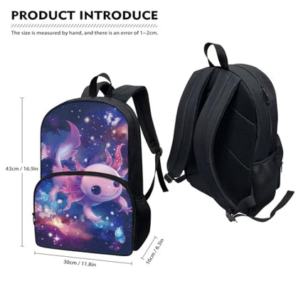 Horeset Axolotl Galaxy Space Backpack for Kids Girls 3Pcs School Bag with Water Carrier Pouch Picnic Insulated Lunch Tote Bag, Travel Bookbag Rucksack for Youth Primary Middle School Student - color: Axolotl Galaxy Space