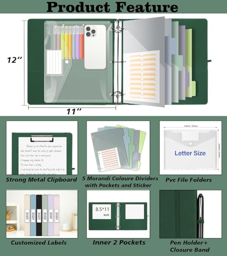 3 Ring Binder 2 Inch, BVSSX Three Ring Binders Organizer with Clipboard, Plastic Folder, 5-Tabs Pocket Dividers with Sticker Labels, Pen Loop, Elastic Strap (Green, Letter Size) - color: 03-green, size: 2in（Letter Size）