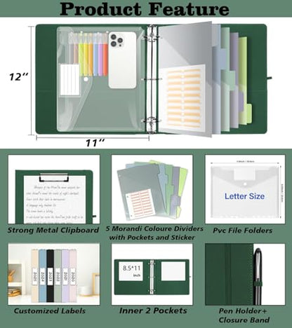 3 Ring Binder 2 Inch, BVSSX Three Ring Binders Organizer with Clipboard, Plastic Folder, 5-Tabs Pocket Dividers with Sticker Labels, Pen Loop, Elastic Strap (Green, Letter Size) - color: 03-green, size: 2in（Letter Size）