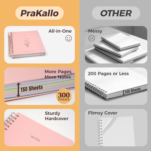Hardcover Spiral Notebook Journal for Women & Men, Cute 5 Subject Notebook College Ruled for School & Work, Pink Journaling Notebooks with Removable Dividers Tabs, 8" x 10", 300 Pages, Tulip - color: Pink Tulip