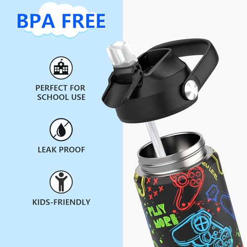 Boys Water Bottle with Straw,18 oz Kids Insulated Cups with Stainless Steel Leak Proof for School,Sport&Travel（Game） - color: A16.Graffitig-Game